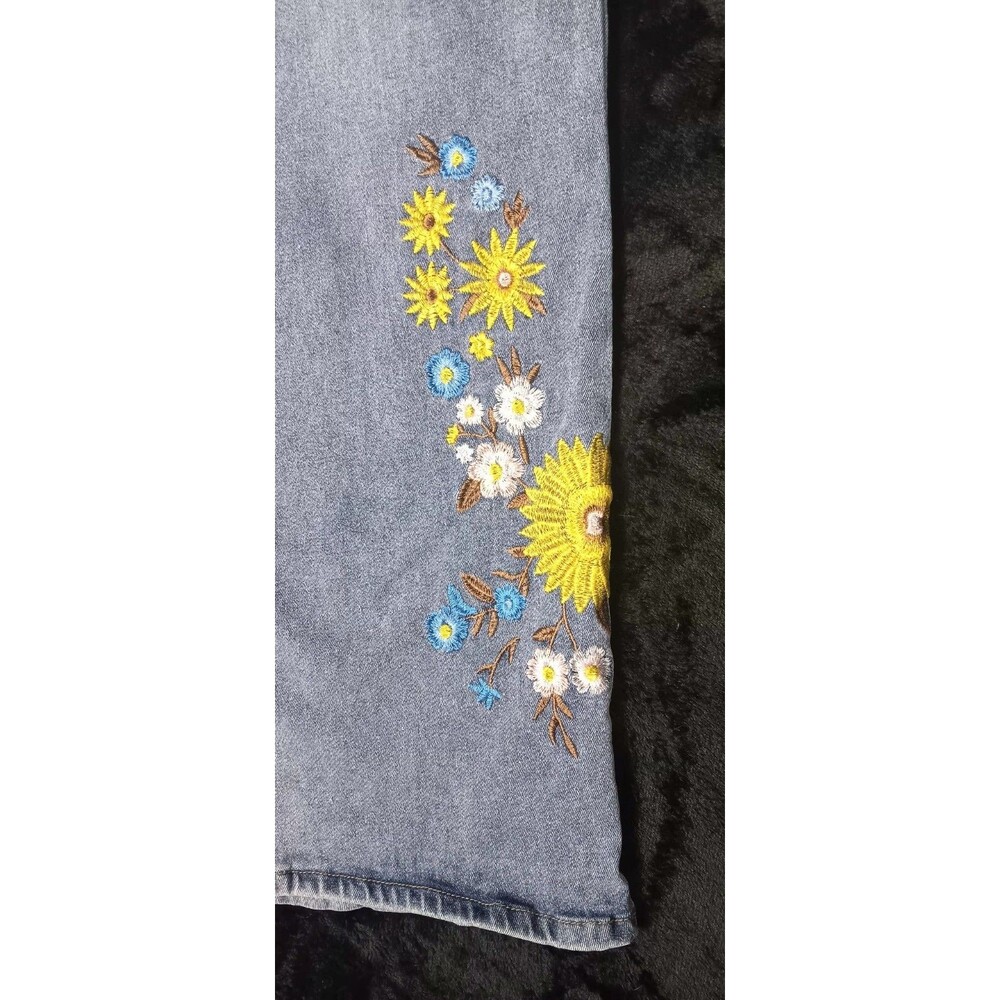 Y2K Hippie Flower Embroidered High Waisted Wide Leg Flare Denim Jeans XL 70s 90s - Picture 5 of 10